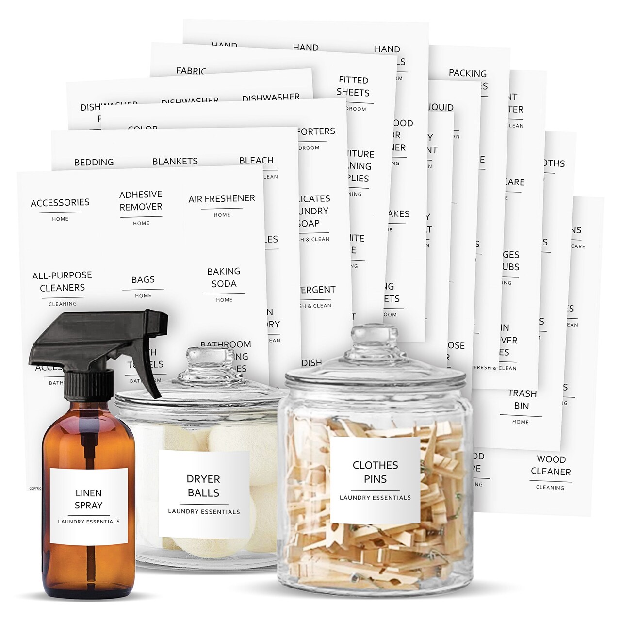 Talented Kitchen 144 Minimalist Laundry Room Labels - 2.5" x 2.5", Black on White Matte Vinyl - Organize Glass Jars & Spray Bottles, Water-Resistant Labels for Laundry Room Organization